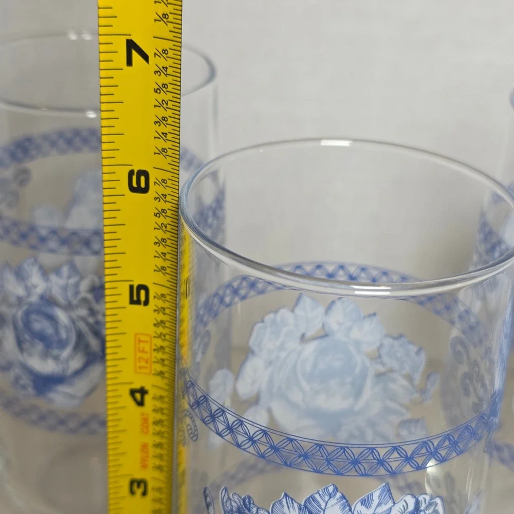 Vintage Honorine Arcopal Blue Rose Floral Glasses Set of 4 Cottagecore Tumblers